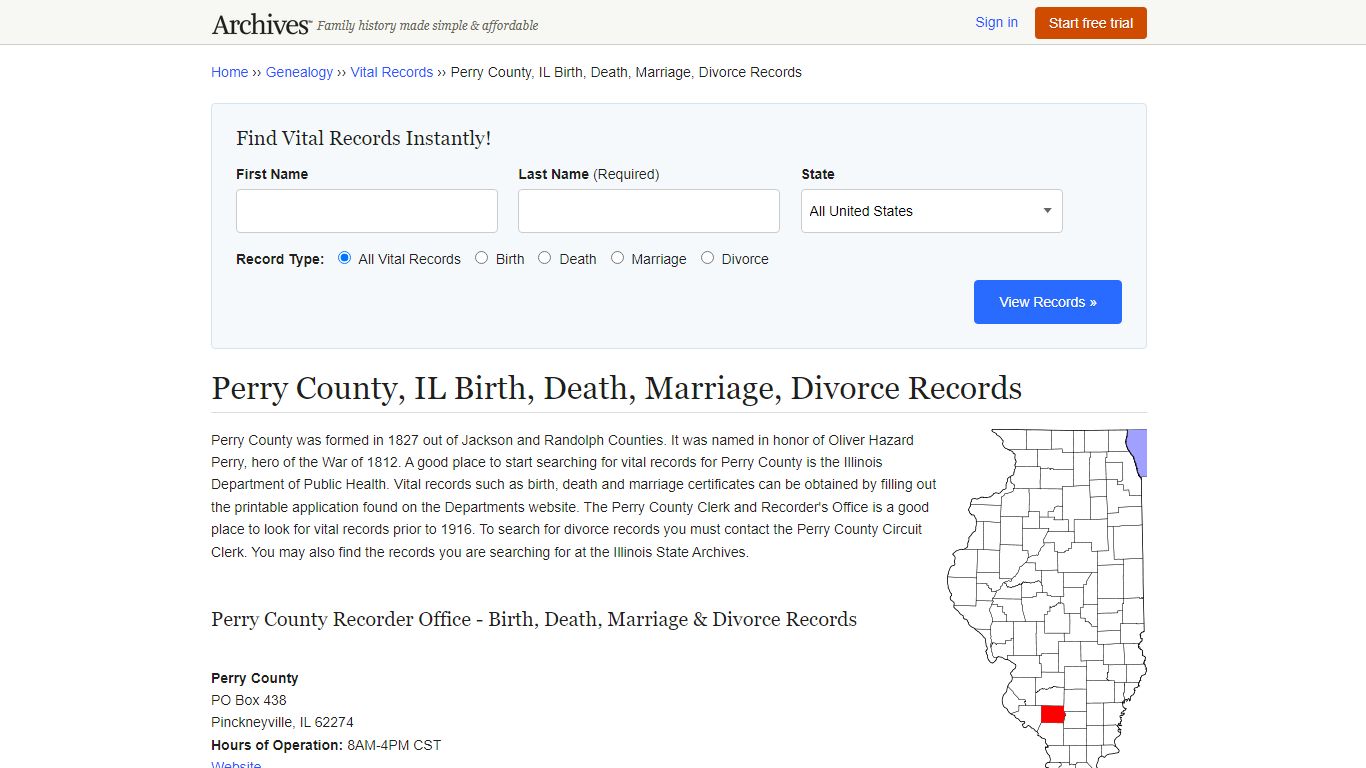 Perry County, IL Birth, Death, Marriage, Divorce Records